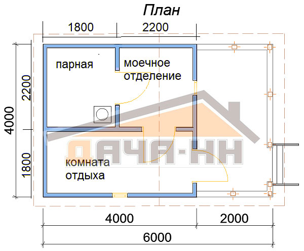 План каркасной бани с террасой №6 вариант 2