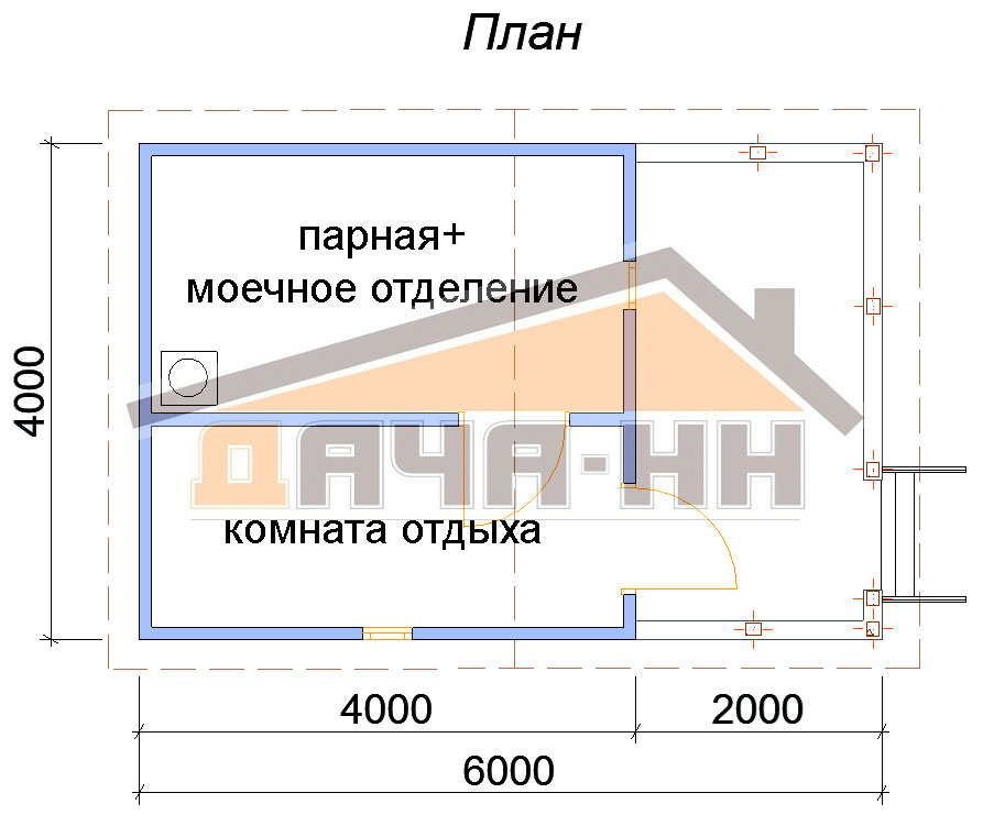План каркасной бани с террасой №6 вариант 3
